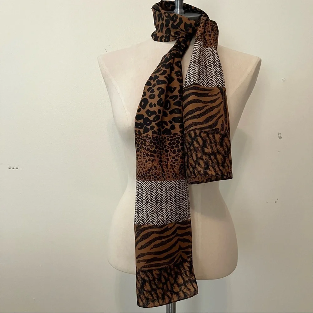VTG Leopard Animal Print Patchwork Silk Scarf Rectangle 11.25 X 52in Brown Black